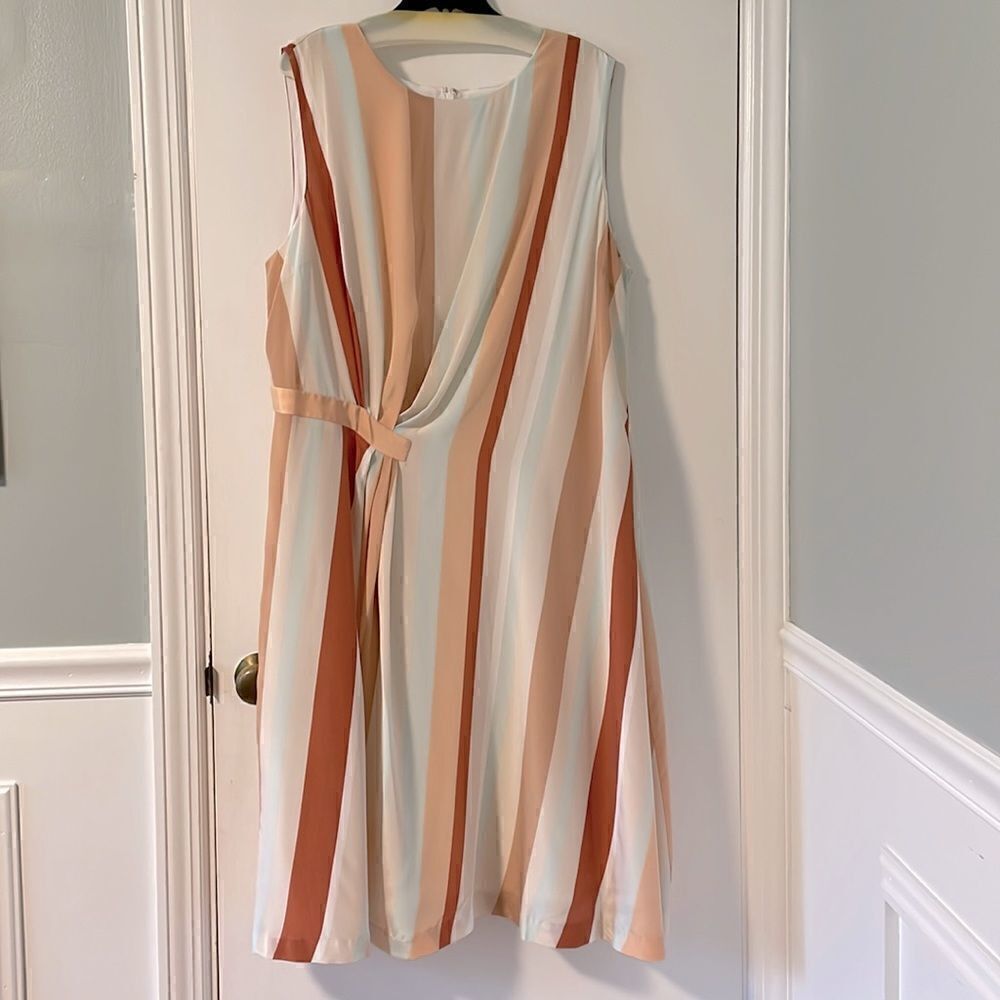 J. Peterman Company lined silk sleeveless dress in warm & pastel stripes size 22